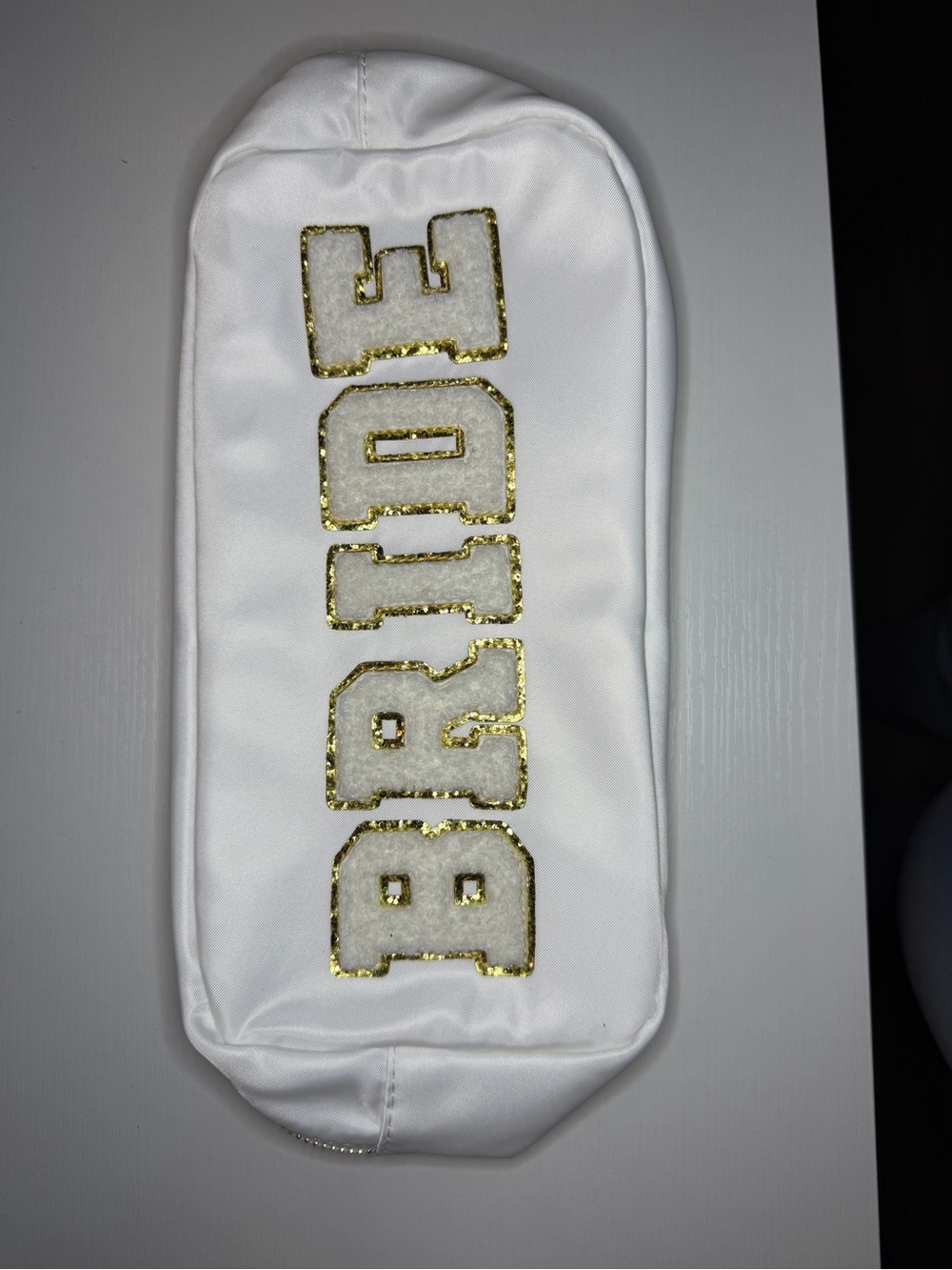 White Cosmetic Pouch with Gold 'BRIDE' Lettering